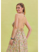V Neck Backless Halter Neck Beige Floral Dress 4656